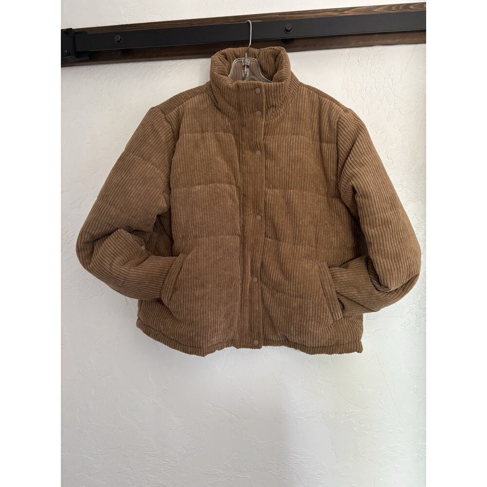 Dip Corduroy Puffer Jacket Medium Brown Snap Zip Cozy Ribbed Womens